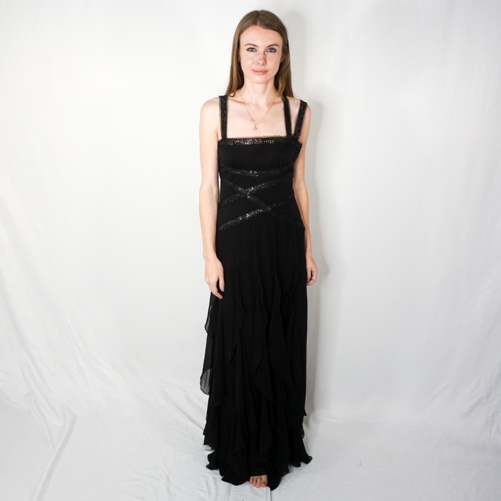 BCBGMaxAzria Sequin Ruffled Black Silk Gown NWT - Picture 1 of 8